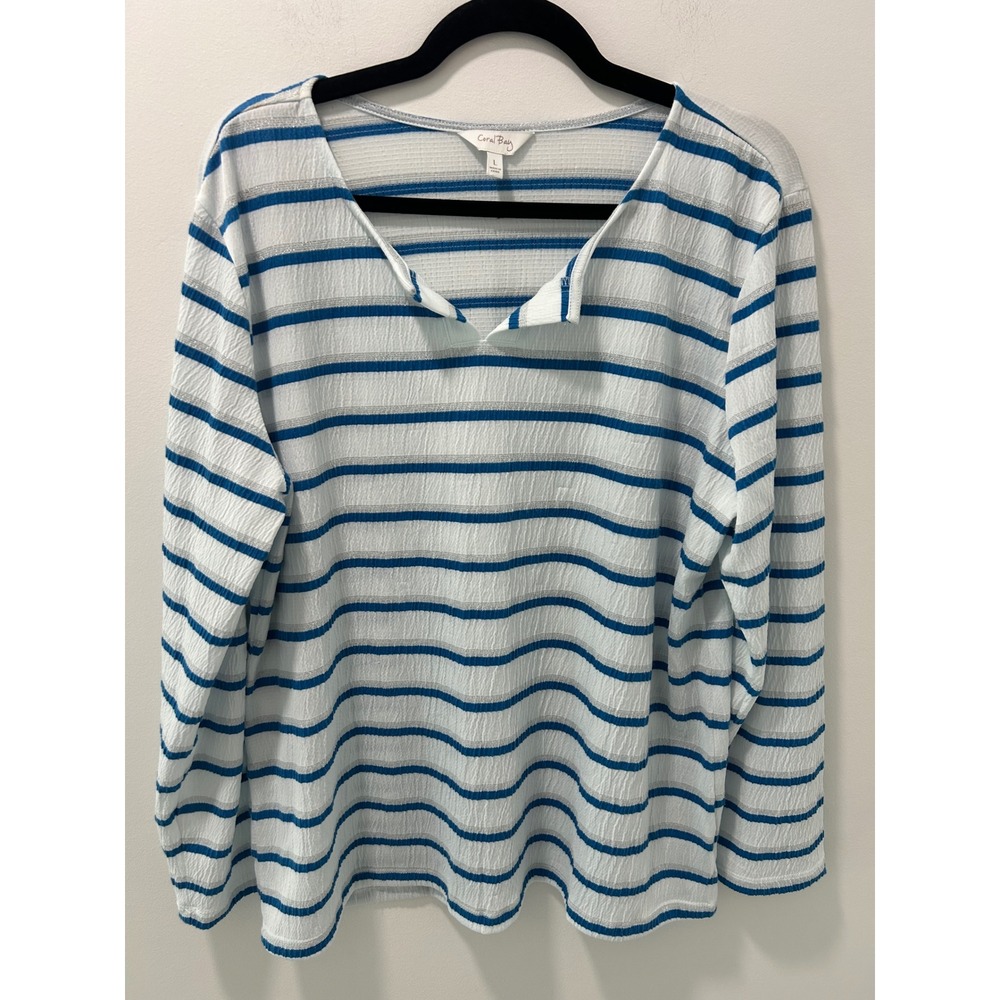 Coral Bay Womens Large Blue Silver Metallic Striped Seersucker Split Neck Top